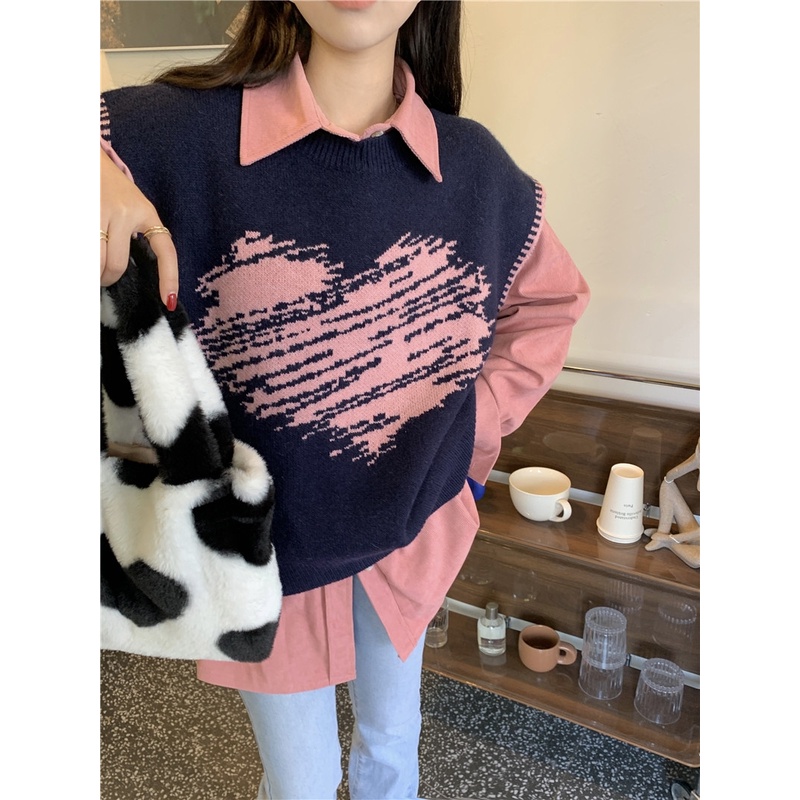Áo Sweater Không Tay In Họa Tiết Trái Tim Màu Sắc Tương Phản Phong Cách Hàn Quốc Cho Nữ
