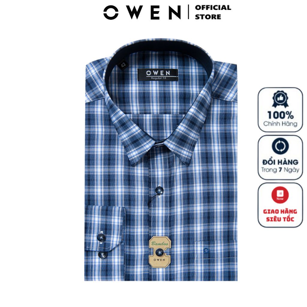 Áo Sơ Mi Nam Dài Tay OWEN AR220162DT Somi Công Sở Vải Sợi Tre Cao Cấp Màu Kẻ Caro Lớn Xanh Navy Trắng Dáng Suông Có Túi