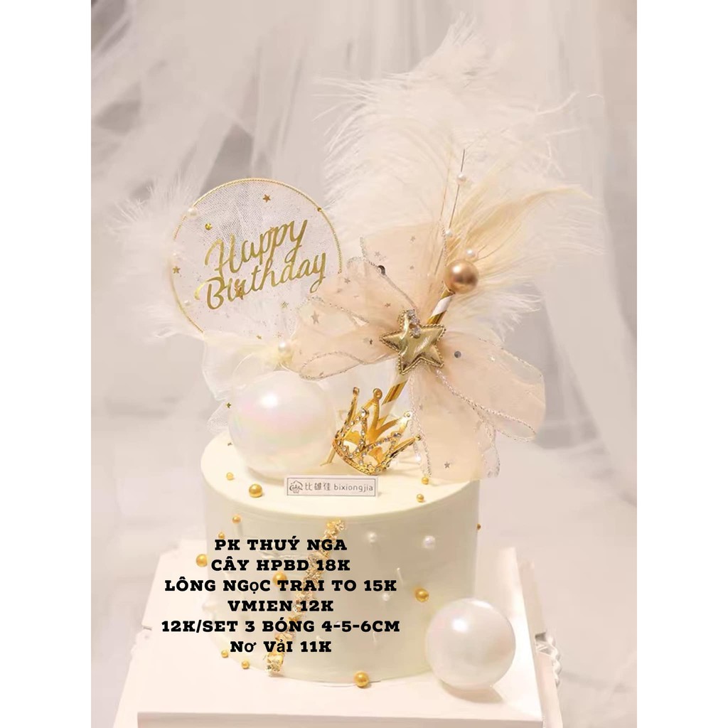 Que tròn HPBD gắn nơ + lông vũ-Q1871