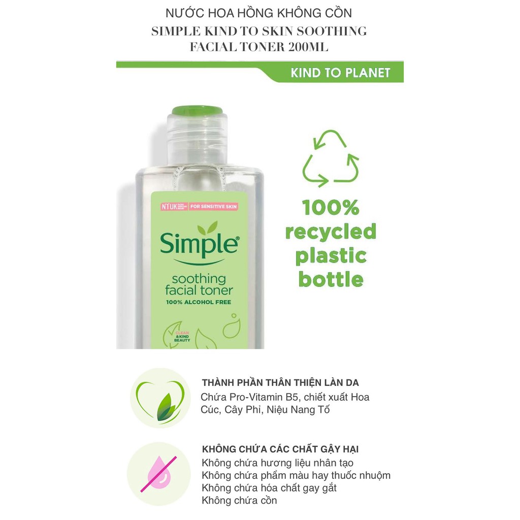 Combo 2 Sản Phẩm Giúp Da Sạch Sâu Và Cấp Ẩm Cho Da Simple Kind To Skin (Tẩy trang 200ml + Toner 200ml)