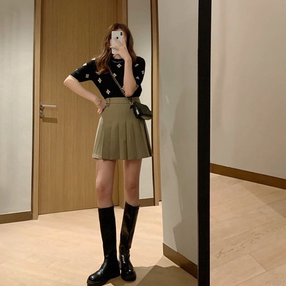 Áo sweater ZHELIHANGFEI cổ tròn tay ngắn thêu hoa màu tương phản phong cách Pháp ngọt ngào dành cho nữ