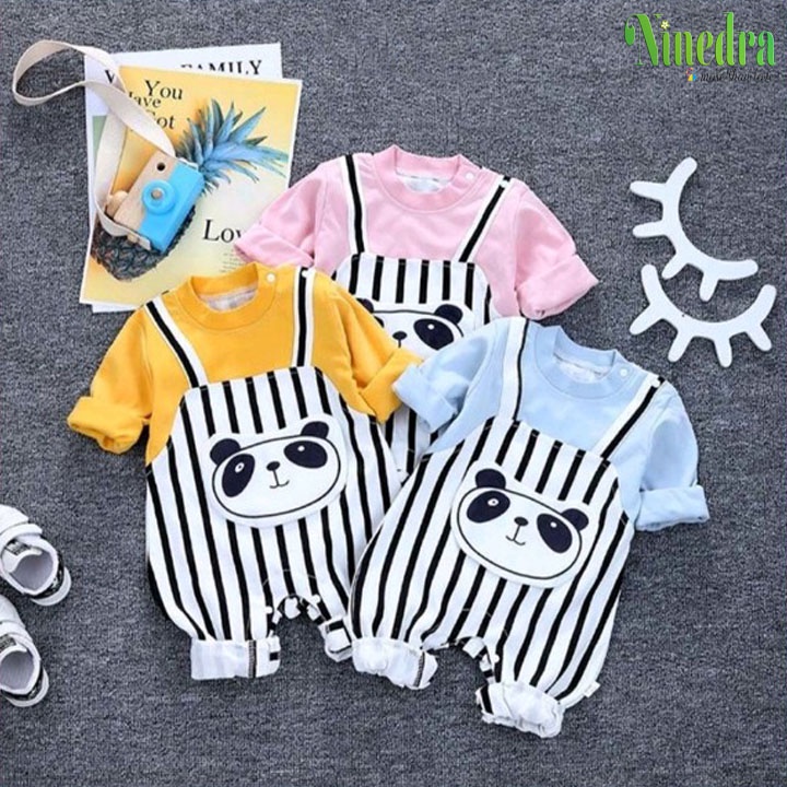 - Bộ yếm kẻ áo liền quần hình gấu chất cotton mịn đẹp