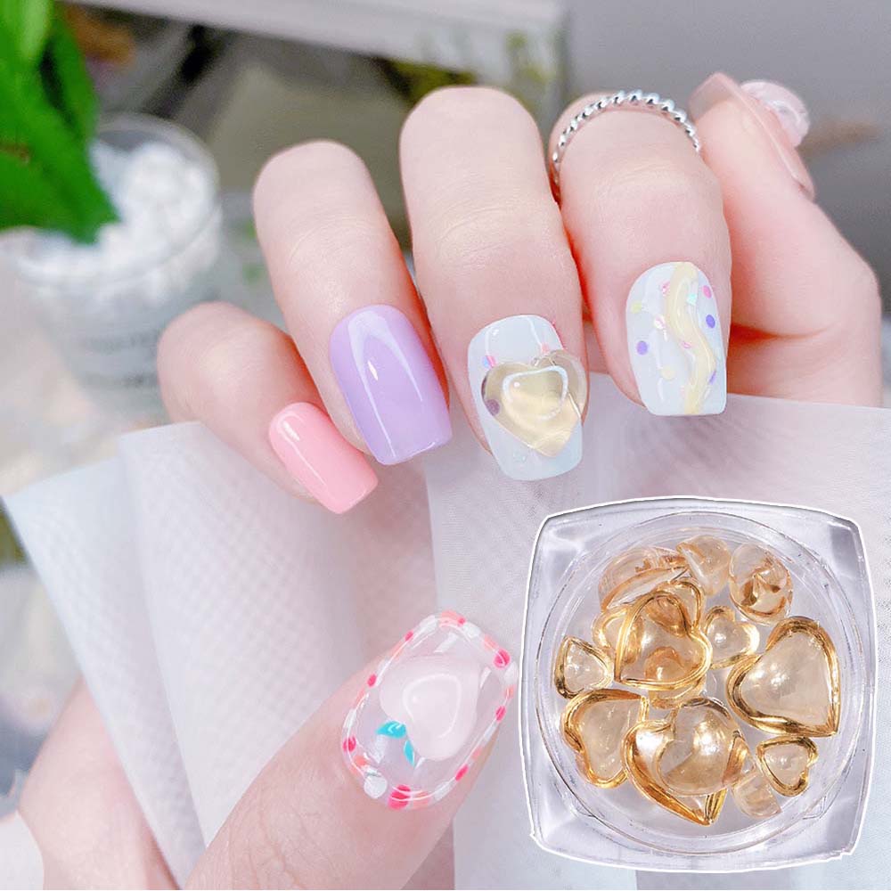 [Hàng mới về] Hộp hạt đá đính trang trí móng tay nghệ thuật hình trái tim 3D độc đáo thời trang