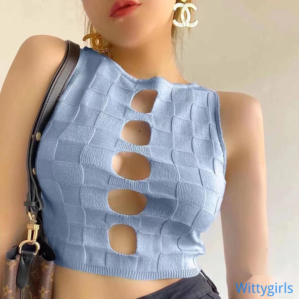 Áo Croptop Dệt Kim Không Tay Cổ Tròn Họa Tiết Sọc Caro Thời Trang Cho Nữ