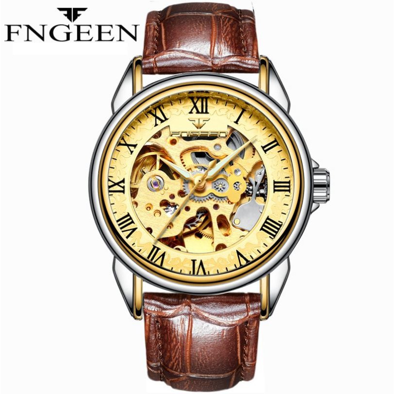 Đồng hồ nam cơ Automatic FNGEEN 40mm lộ máy dây da nâu Classic BH 12 tháng - FNGN6 DN