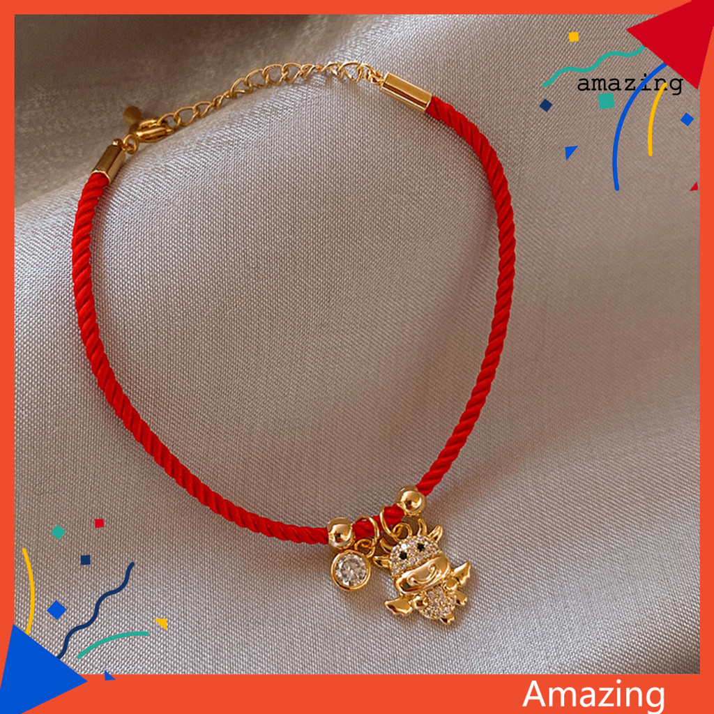 [AM] Braided Bracelet Chinese Zodiac Lucky Symbol Alloy Adjustable Charm Ox Bangle for Spring Festival