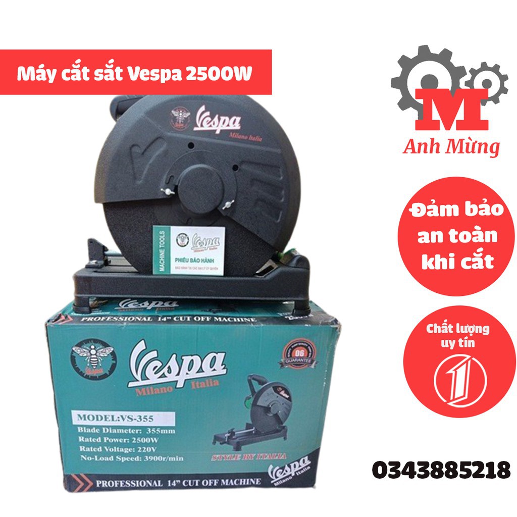 Máy cắt sắt Vespa 2500W Italia VS-355 tặng kèm lưỡi cắt 355 và 01 cặp chổi than dự phòng uy tín, chấ