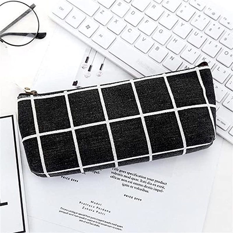 1 Túi Đựng Bút Bằng Vải Bạt Dày Kẻ Sọc Caro Có Khóa Kéo Sức Chứa Lớn Sáng Tạo