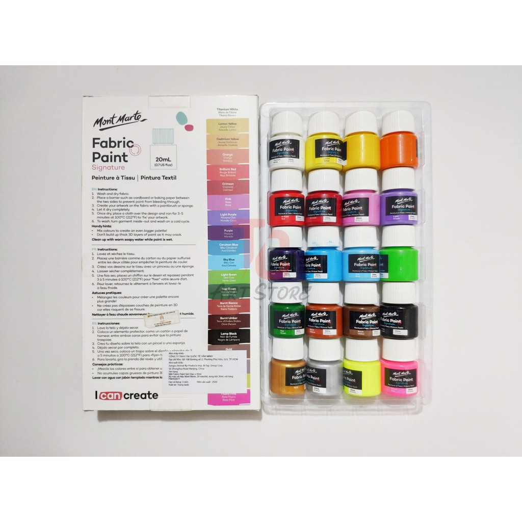 Màu vẽ vải, vẽ giày Mont Marte bộ 20 màu x 20ml Fabric Paint