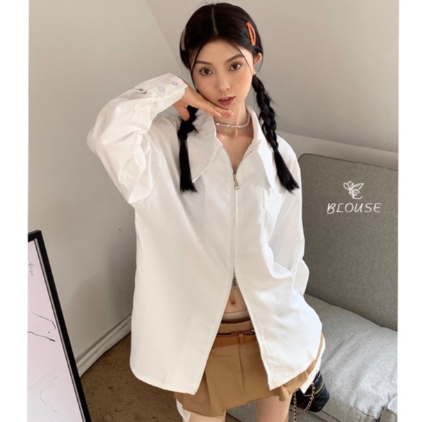 QKOOLE Áo sơ mi  tay dài dáng rộng màu trơn có khóa kéo đôi phong cách Hàn Quốc cho nữ