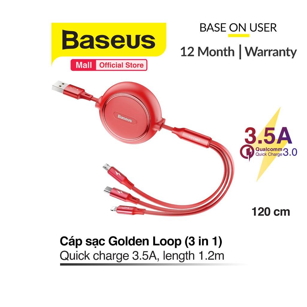 Cáp sạc 3 đầu rút gọn Baseus Dây sạc 3 đầu M+L+C 3.5A dài 1.2M đa năng tiện dụng rễ dàng mang theo