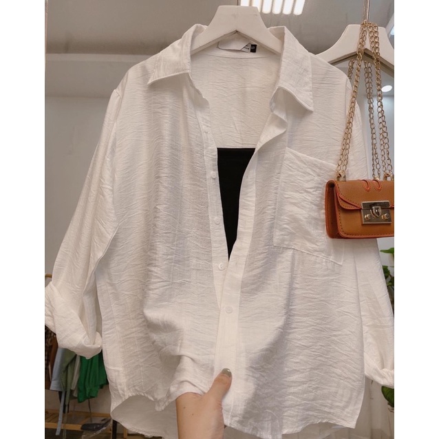 Áo Sơ Mi Oversize Chất Đũi Tơ Loại 1 Màu Trắng