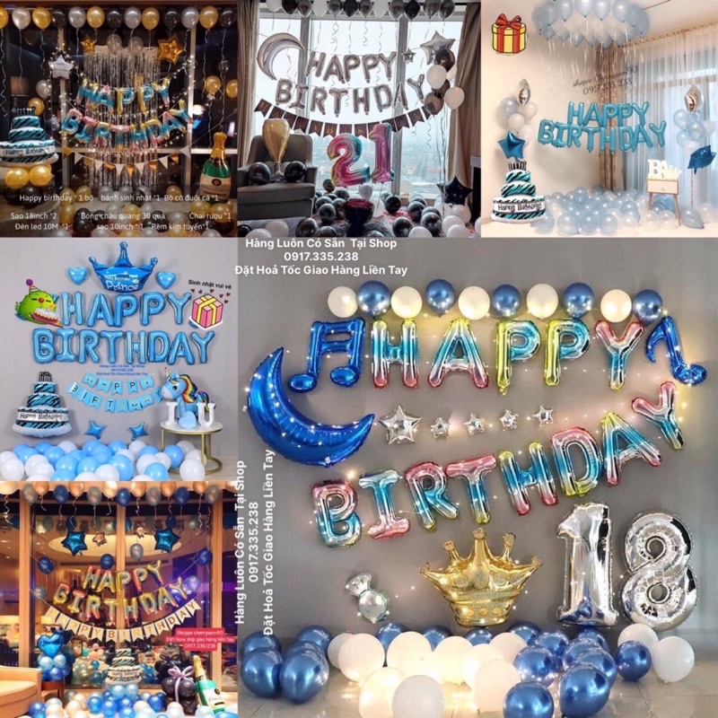 Set 40 Bóng HPBD bánh Sinh nhật Kèm Chai Xanh Sao Kiểu Phối sinh Nhật thêm Xinh