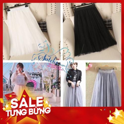 🌙Suteki: GX 074 Chân váy dài lưng cao voan ren lưới tầng công chúa lưng thun dưới 55kg -Hàng nhập khẩu