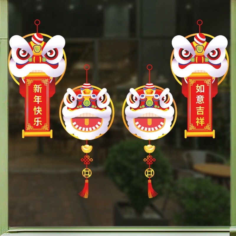 Decal Tết Hít Tĩnh Điện không dơ kính - 4 Đầu Lân chào Xuân