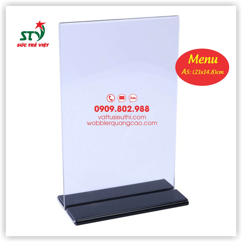 Menu A5, Menu mica để bàn A5, Kệ mica để bàn A5, Menu mica A5