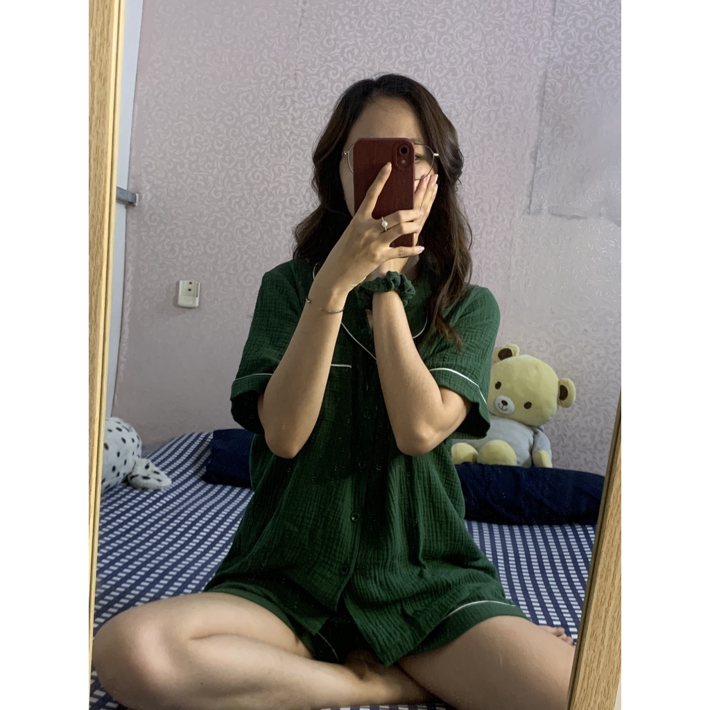 Pyjama xô muslin màu xanh lá siêu dễ thương