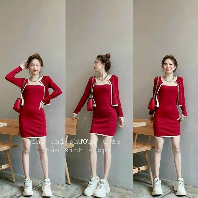Đầm body màu đỏ ống viền và áo khoác tay dài mặc tết đi tiệc siêu đẹp hàng chuẩn cao cấp