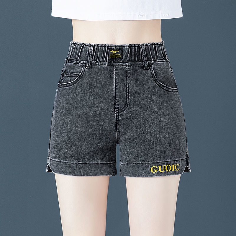 Quần short denim lưng cao ống rộng co giãn thêu họa tiết phong cách Hàn Quốc mẫu mới dành cho nữ 2021