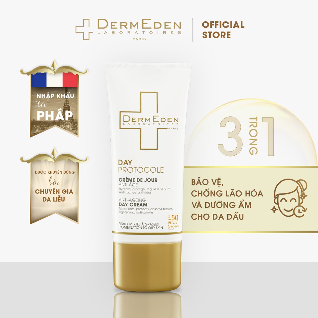 Kem dưỡng da ban ngày cho da dầu DERMEDEN 3 trong 1 chống lão hóa, dưỡng ẩm và chống nắng SPF50 PA+++