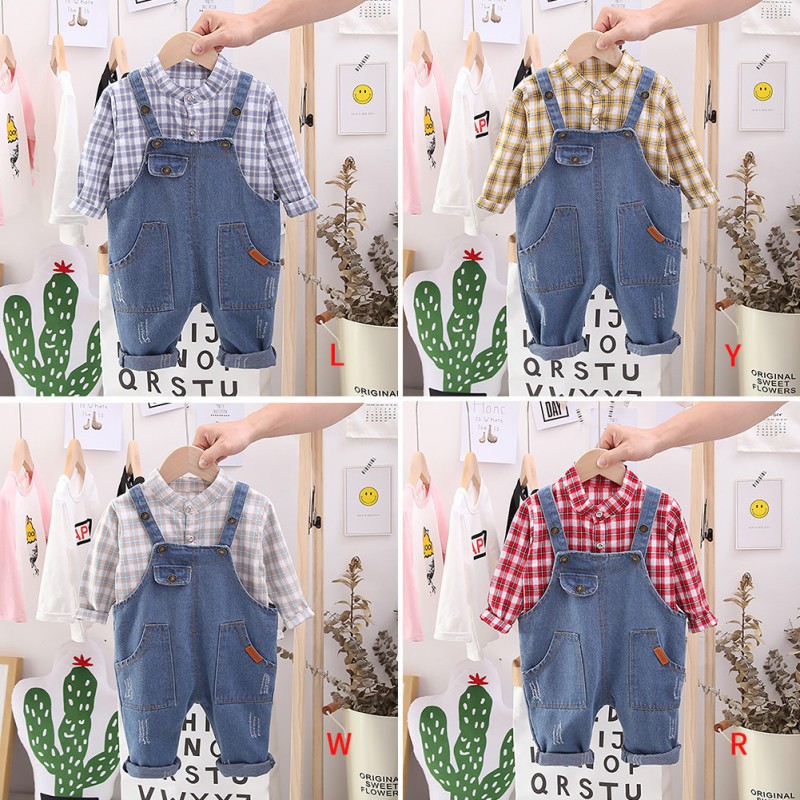 Bộ áo sơ mi sọc caro + quần yếm thời trang cho bé