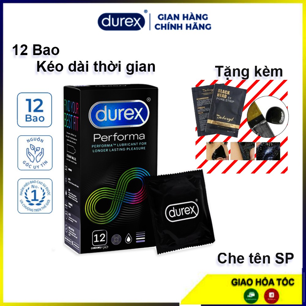 Bao cao su Durex Perfoma 12 bao. Bao Durex kéo dài thời gian, chống xuất tinh sớm. Tặng kèm Gel lột mụn