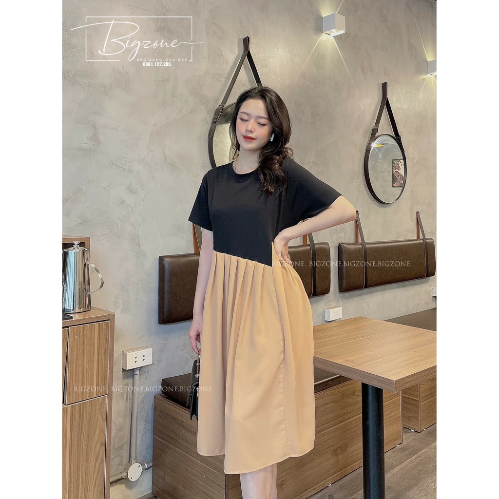 Đầm váy bầu cotton pha hai màu vạt chéo cách điệu 45 75kg