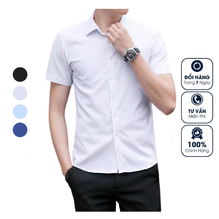 Áo Sơ Mi Nam Ngắn Tay Công Sở OKU, Áo Sơ Mi Nam Cộc Tay Vải Lụa Cao Cấp