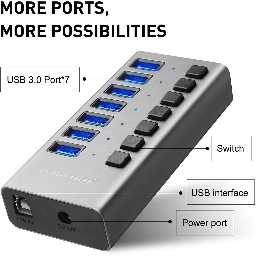 Bộ Chia 7 Cổng USB 3.0 ACASIS 12V / 2A Cho Laptop / PC / Máy Tính