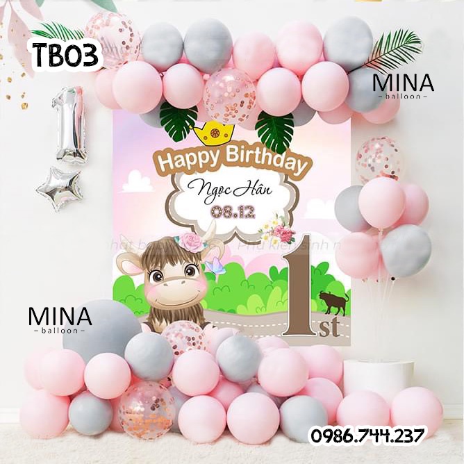 Set Bóng Trang Trí Sinh Nhật Kèm Phông In Tên Tuổi Bé Hình Trâu