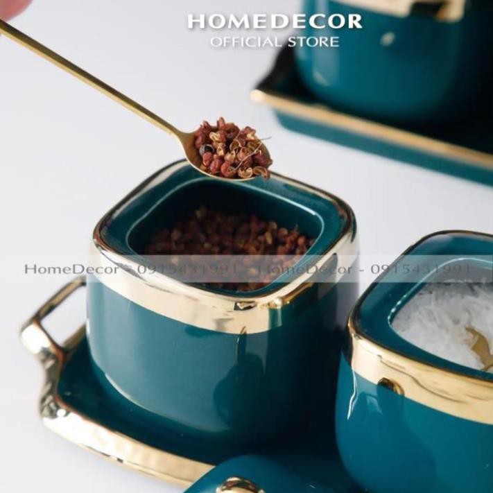 Bộ 3 Hũ đựng gia vị sứ xanh kèm khay và thìa | BigBuy360 - bigbuy360.vn