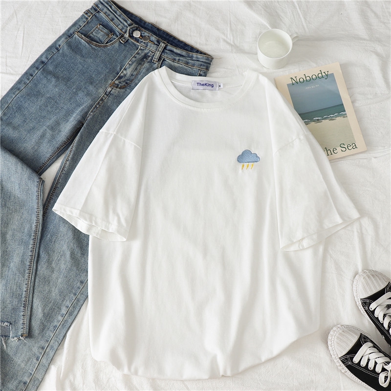 Áo thun SUXI tay ngắn cổ tròn hoạ tiết thêu thiết kế đơn giản hợp thời trang