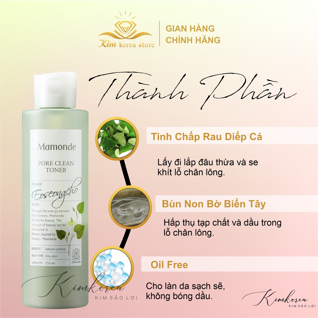 Nước hoa hồng kiềm dầu se khít lỗ chân lông làm dịu da cho da mụn Mamonde Pore Clean Toner