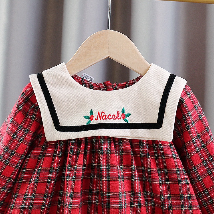 Đầm Tay Dài Chất Liệu Cotton Thoáng Khí Thoải Mái Họa Tiết Caro Đỏ Dễ Thương Cho Bé Gái