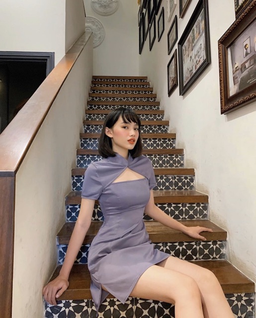 Đầm Trung hoa Haley Dress chất liệu vải phi nhung from chuẩn sau lưng bo chun co giãn thiết kế phần ngực, cổ váy đẹp lạ