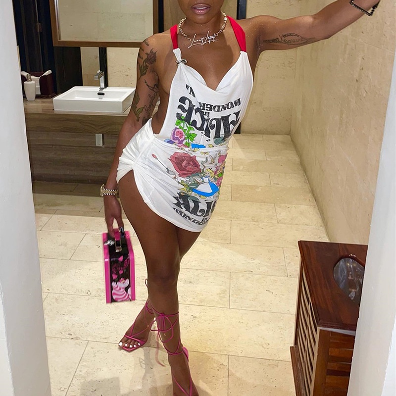 Đầm Tay Ngắn Hở Lưng In Họa Tiết Hoạt Hình Phong Cách Đường Phố Cá Tính Cho Nữ