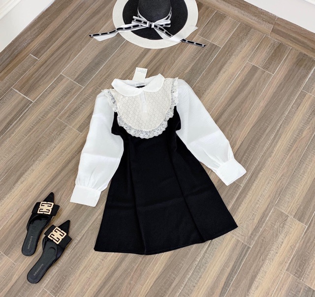 Váy đũi phối tơ cổ sen trắng dễ thương vô cùng lun nà