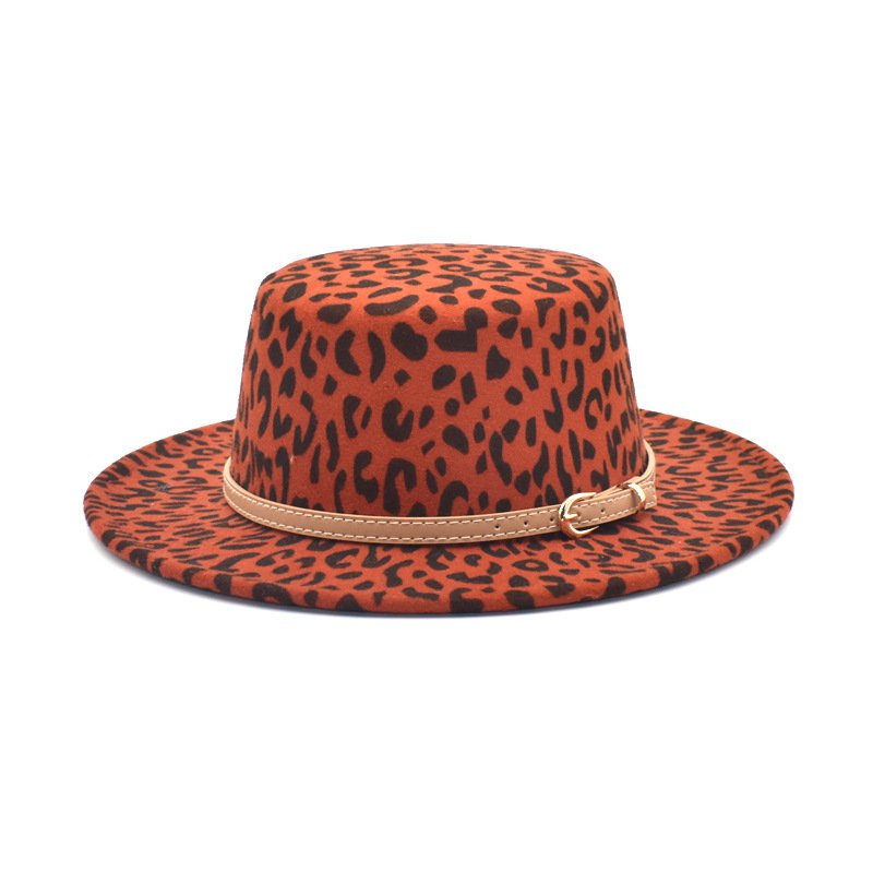 Leopard Print Woolen Hat Autumn and Winter New Jazz Flat-Top Cap Panama Hat bai da mao