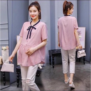Áo Bầu Sơ Mi cộc tay kẻ sọc cổ nơ phong cách vintage A23