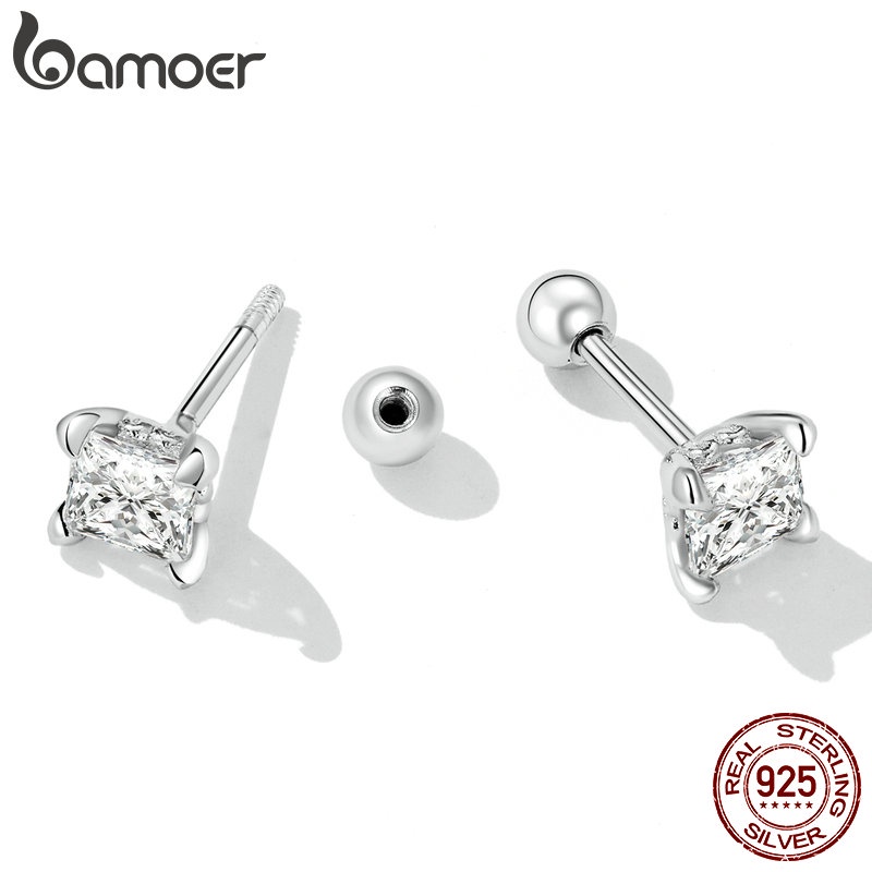 Bông tai BAMOER bằng bạc 925 hình vuông đính đá zircon thời trang