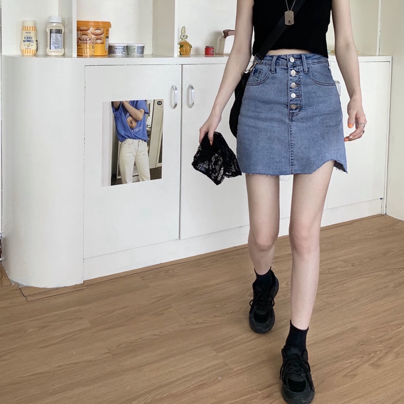 Chân váy jeans dáng chữ A lưng cao thời trang phong cách Hàn Quốc dành cho nữ 2023