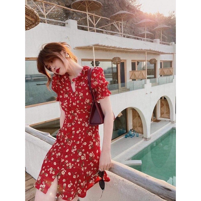 🍓 Váy hoa đỏ cổ V vintage🍓 | BigBuy360 - bigbuy360.vn