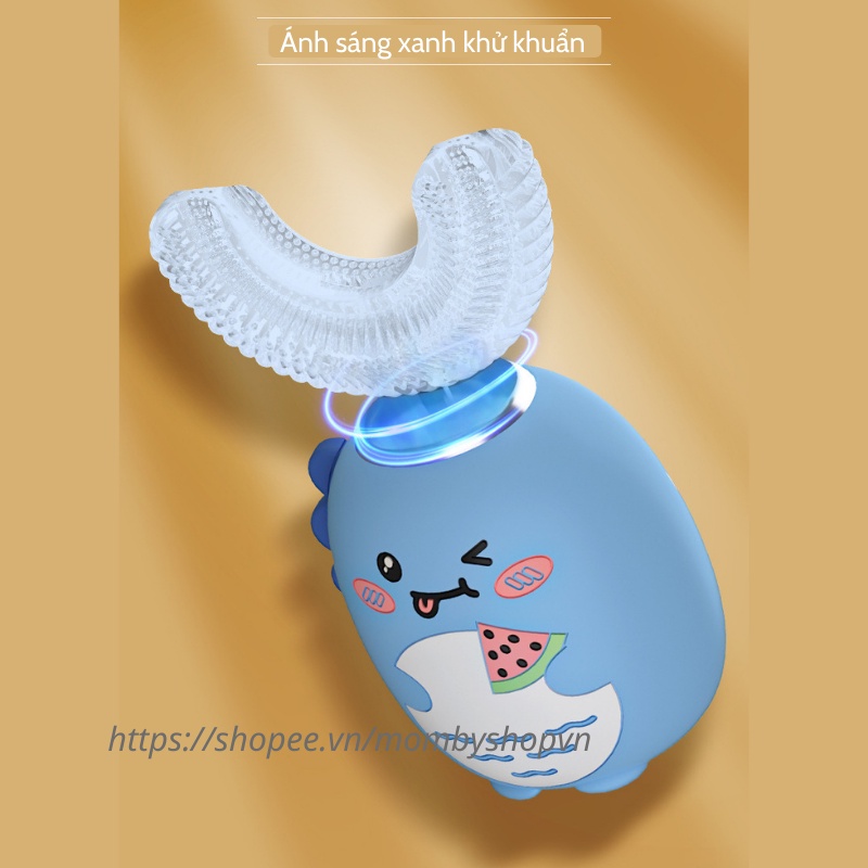 Bàn chải điện cho bé DINO, bàn chải đánh răng điện chữ U silicon cao cấp siêu mềm, phù hợp cho trẻ từ 2 tuổi