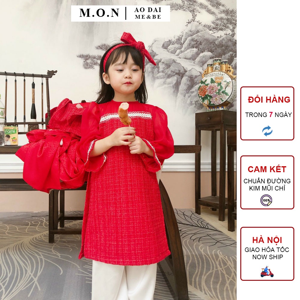 Áo Dài Trẻ Em Bé Gái Sẵn 2 Màu Đỏ - Hồng Cho Bé Từ 8kg đến 29kg Dạ Twiss MON