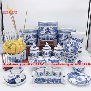 Bộ đồ thờ 22 món thờ gian tiên bát hương xanh lam - Bát hương lưỡng long viền mây