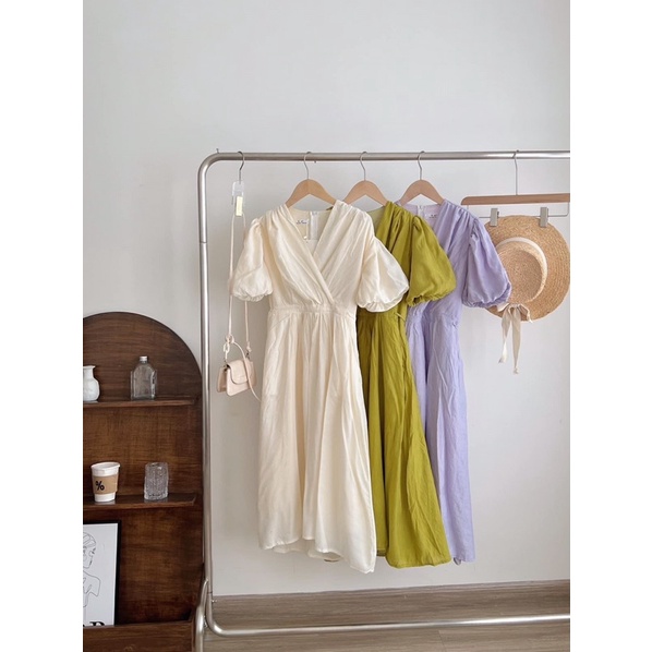 Váy đầm cổ v vạt chéo tay bồng dáng dài kèm dây buộc eo