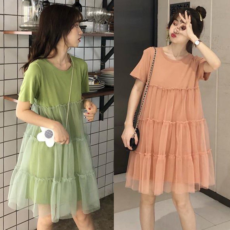 Đầm tay ngắn cổ tròn phối lưới thanh lịch