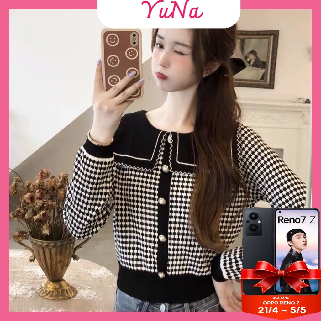 Áo len nữ Maika cổ thủy thủ dài tay họa tiết kẻ caro kiểu dáng Hàn Quốc, phụ kiện thời trang nữ YUNA