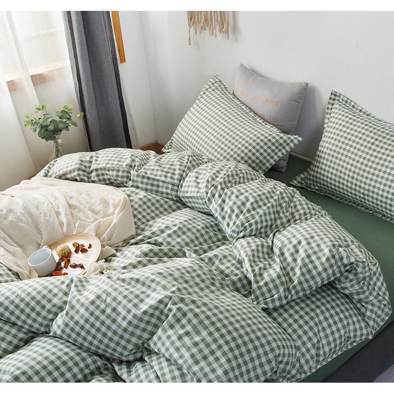Bộ chăn ga Cotton Poly họa tiết caro xanh lá - phong cách Hàn Quốc