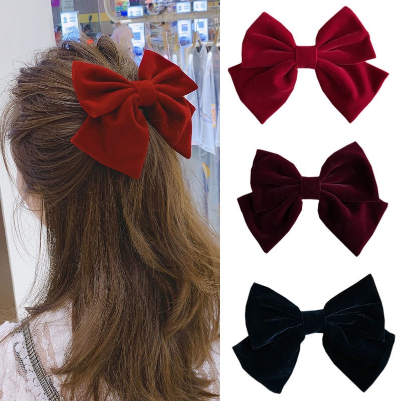 Kẹp tóc đính nơ vải nhung cỡ lớn phong cách vintage xinh xắn dành cho nữ